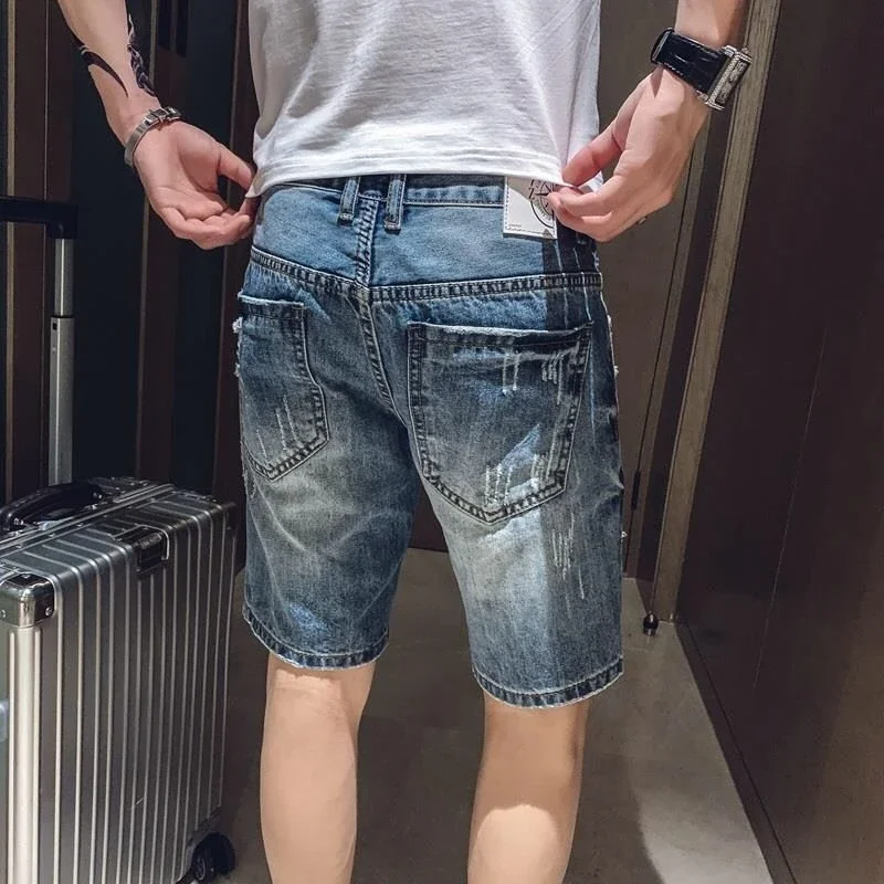 Male Denim Shorts Ripped with Text Men\'s Short Jeans Pants Multi Color Sale Retro Streetwear Stretch Jorts Vintage Xl Harajuku