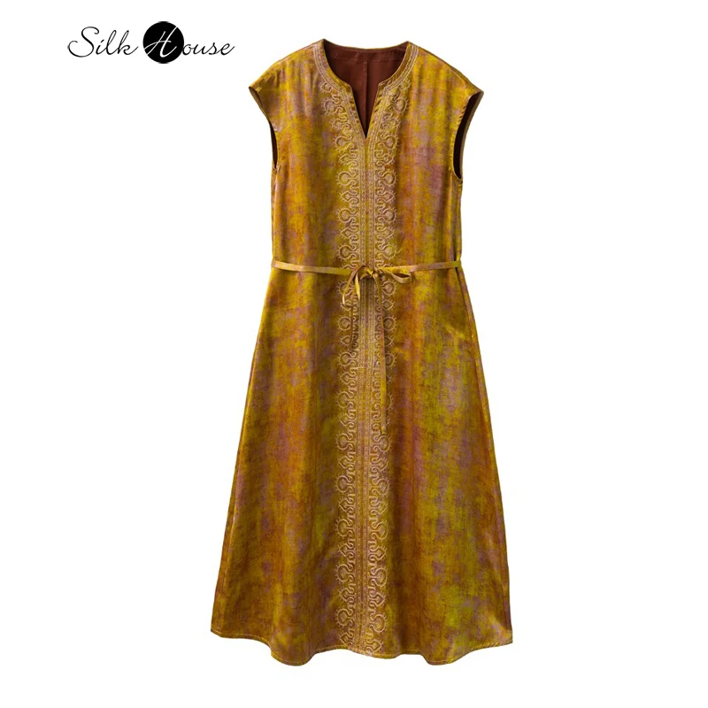 

Fashionable Women's Clothing Embroidered Scissors Collar 100%Natural Mulberry Silk Fragrant Cloud Yarn Off Shoulder Sleeve Dress