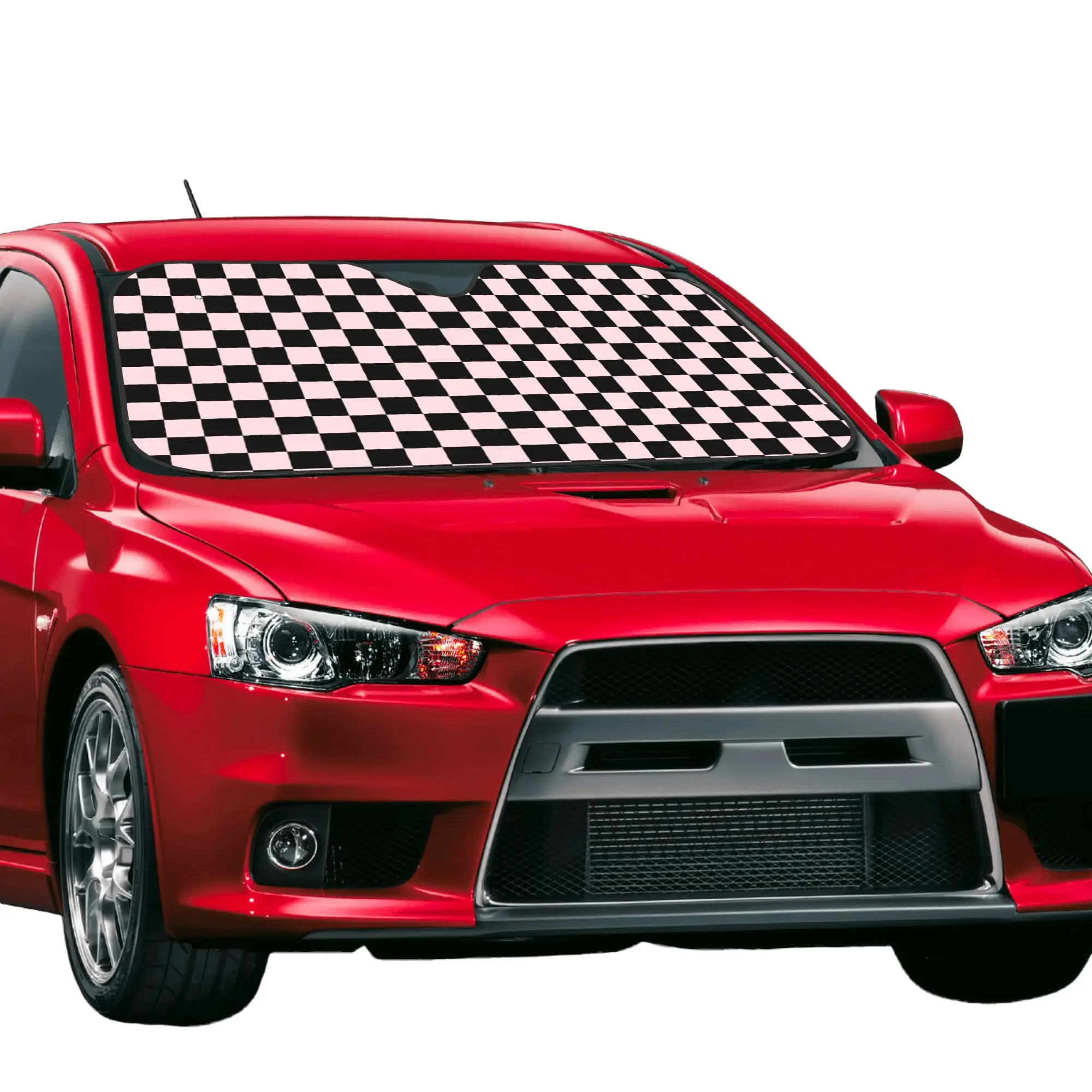 Checkered Black and Light Pink Checkerboard Plaid Car Front Windshield Sun Visor UV Protection Portable Aluminum Foil Auto Visor