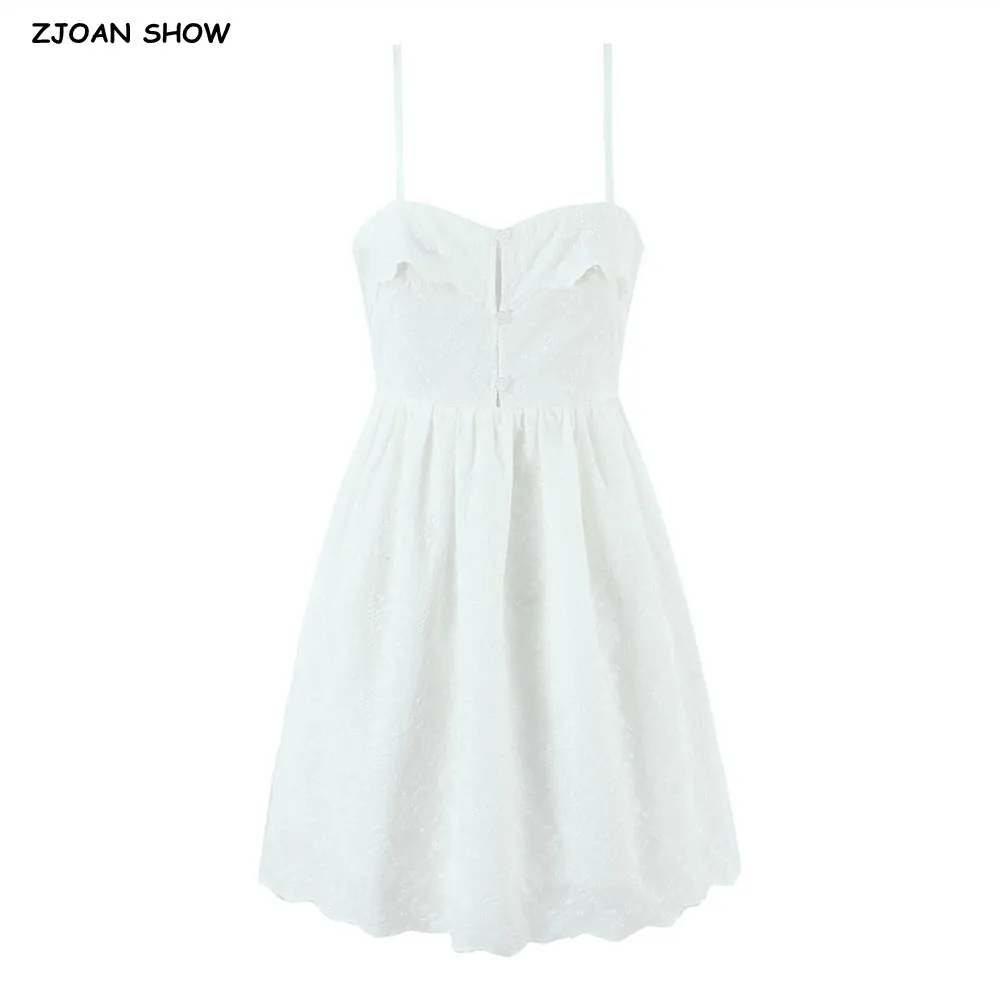 Vakantie Wit Gesplitst Borduren Kant Katoenen Strik Vetersluiting Sling Jurk Vrouwen Knop V-hals Vetersluiting Terug Backless Vestdios Gewaad