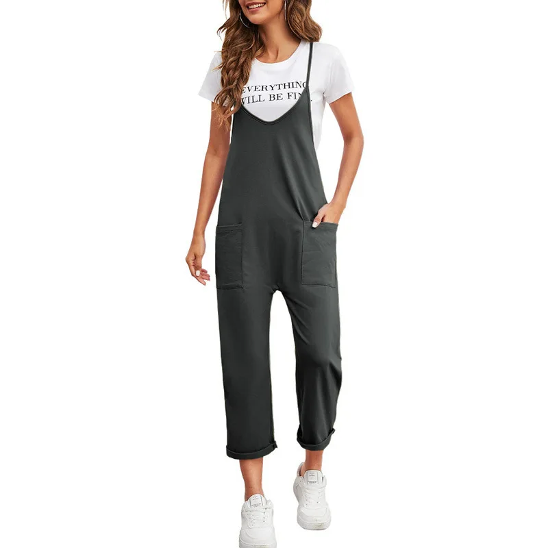 

Spring 2023 Women's Casual keted Loose Straight Leg Jumpsuit Pure Color High Waist Long Pants Thin Polyester Fabric