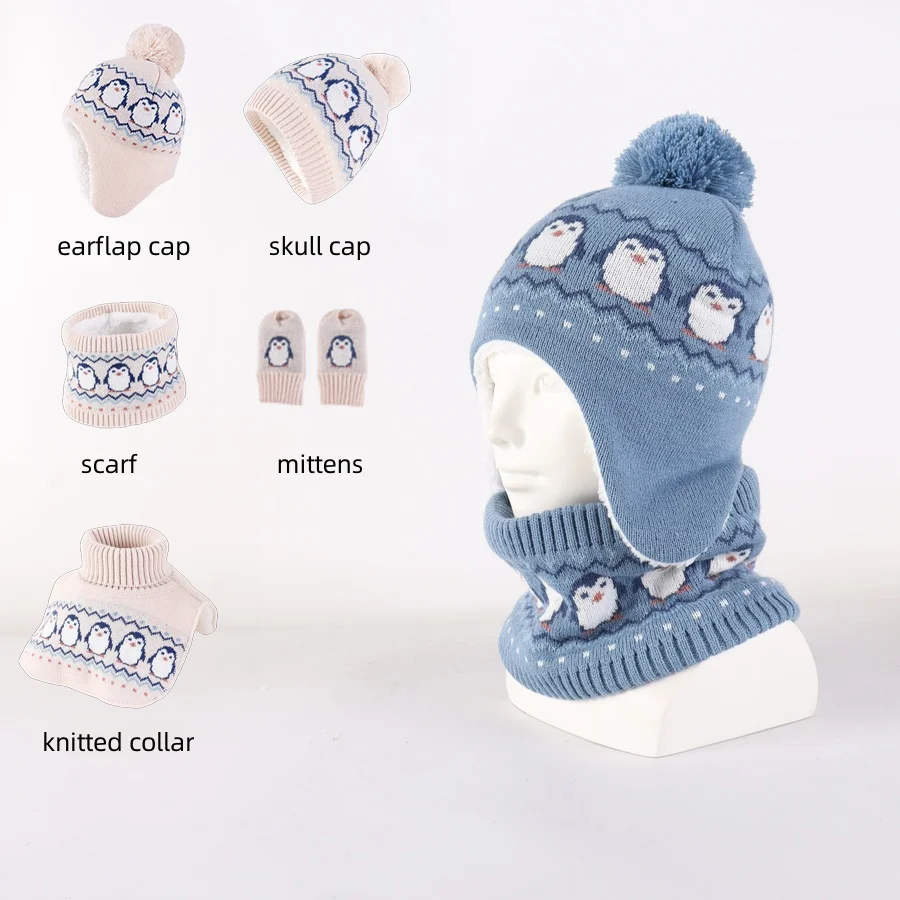 Connectyle Baby Boys Girls Winter Skull Cap Mittens Soft Scarf Knitted Fleece Lined Outdoor Warm Earflaps Cute Multi Piece Set