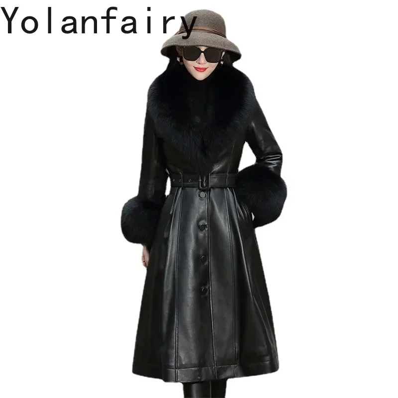 YOLANFAIRY High-end-Herbst Winter Unten Mantel Frau Echt Schaffell Echtes Leder Jacke Frauen Fuchs Kragen Koreanische Graben Mantel