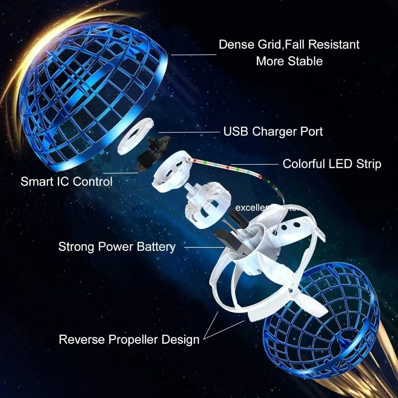 Latająca zabawka, latająca kula z kulek 2.0, dron z kulek Boomerang Galaxy z światłem RGB Magiczna pływająca kula szybujący mini dron