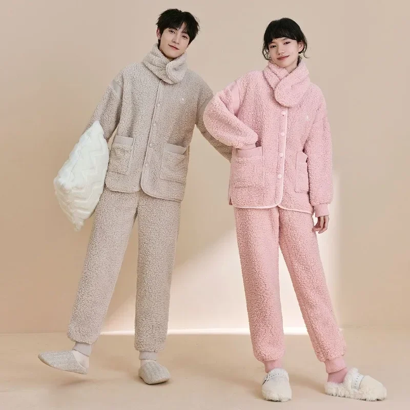 Warm Home Suit Set Couple Coral Velvet Pajamas Thickened for Men Handsome Sweet Can Be Worn Outside Ms. Flannel Scarf Style