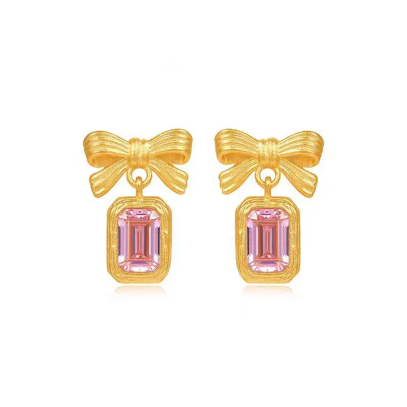 Romantic K18 Pure Gold Color Hollow Flower Bow Sugar Earrings for Women Small Earring Stud Jewelry Gifts Not Fade