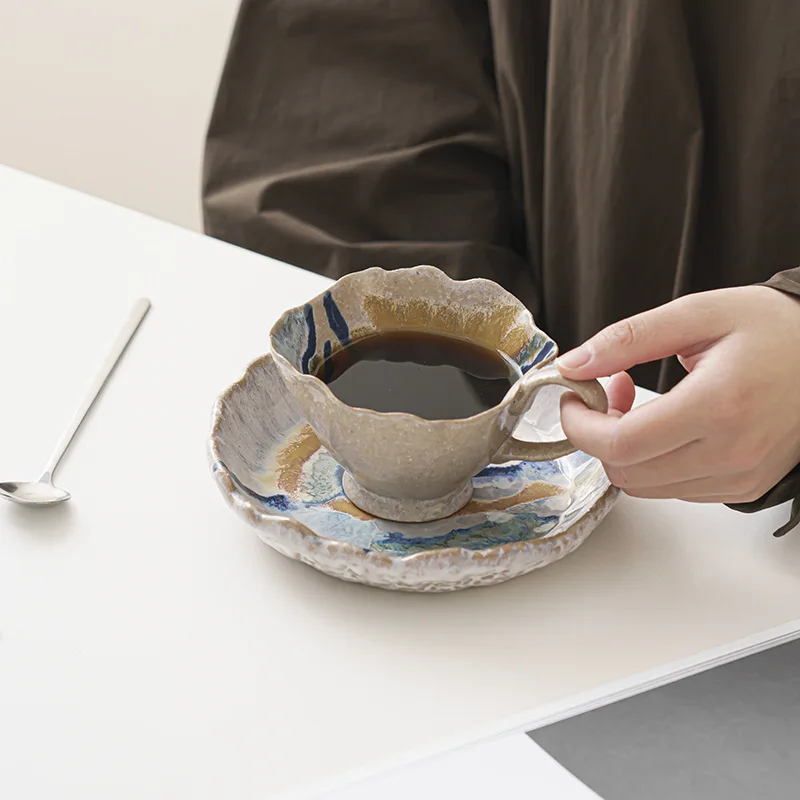 

Retro hand-painted oil painting wave coffee cup and plate set creative ceramic gift Modern simple household drinking utensils