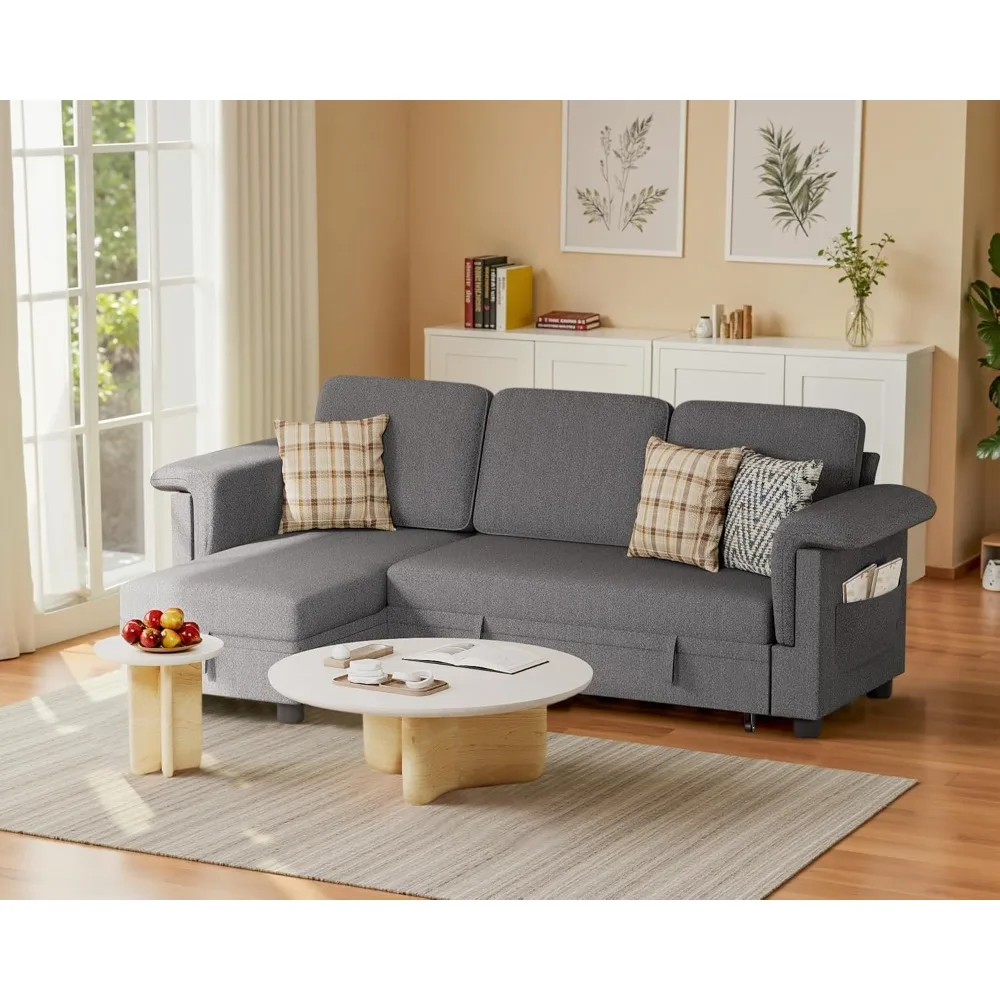 Sleeper Sofa, Pull Out Sofa Couch Bed with Storage Reversible Chaise, L-Shaped Sofas with Side Pocket for Living Room