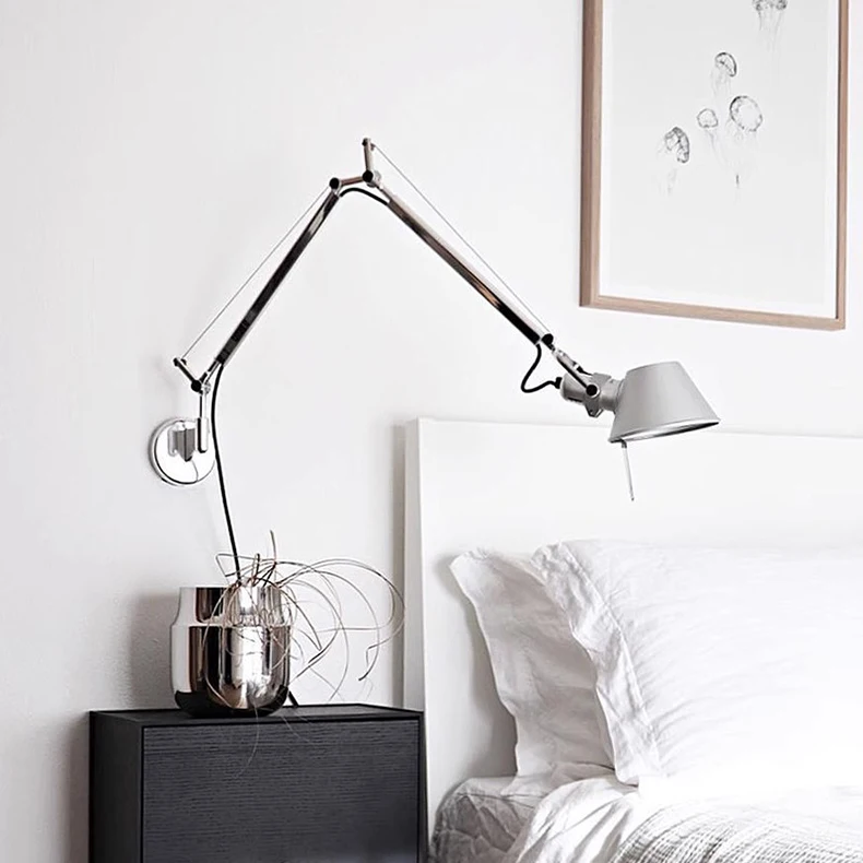 Long Arm Wall Lamp Silver Black Metal E27 Bulb Switch