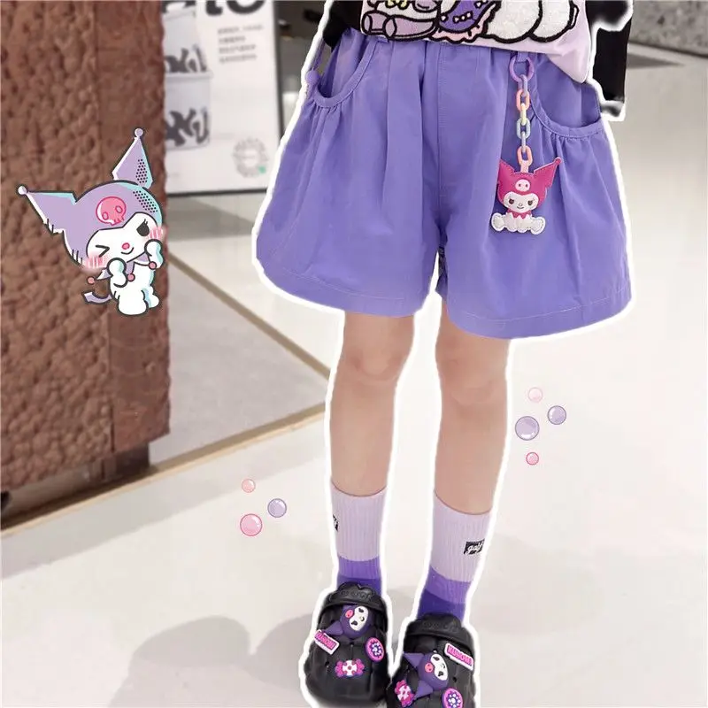 Anime Sanrioed-Ensemble deux pièces pour filles, manches courtes, coton trempé de dessin animé, Kawaii Kuromi, mode décontractée, vêtements d'été pour enfants