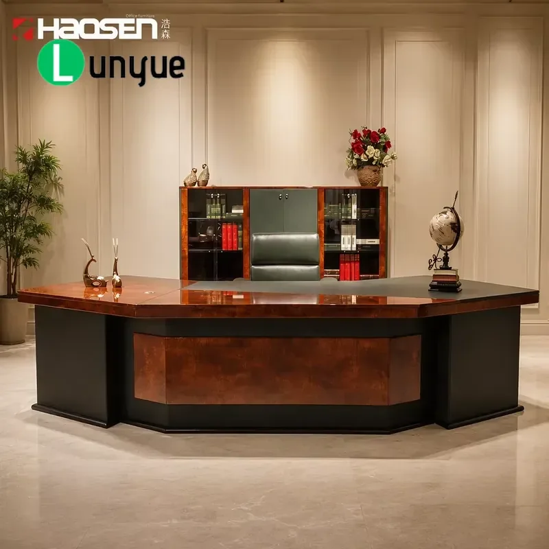 Vintage L-Shaped Executive Desk Large Leather CEO Manager Office Furniture MDF Wooden Computer Table for Home Business Study
