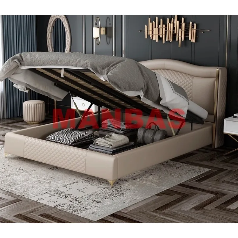MANBAS Genuine Leather Bed Nordic Double Size Rectangle Bed Frame Nordic King/Queen Size Wedding Lits Designer Upholstered Cama