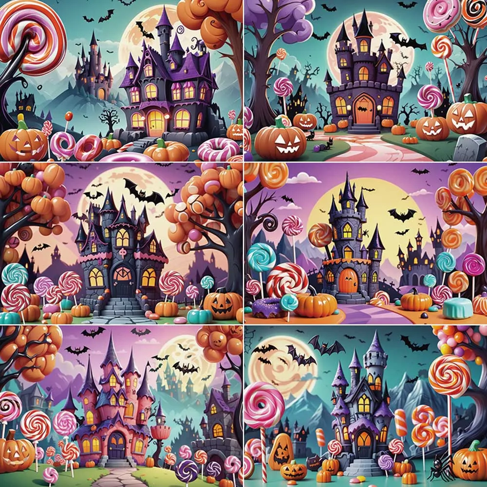 

MOON.QG Halloween Backdrop Jack O Lantern Candy House Decoration Background Photography Studio Child Party Photoshoot Back Drop