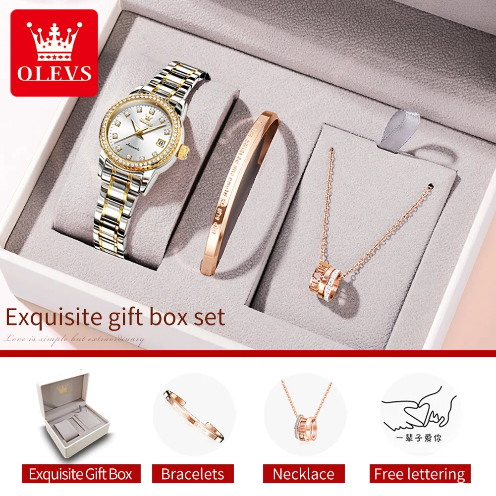 OLEVS Automatic Watch for Women Diamond Gold Luxury Stainless steel Elegant Original Women\'s Automatic Watch Necklace Gift Set