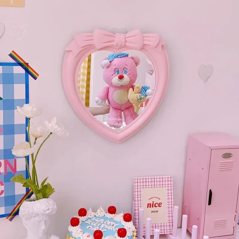 Ins Style Pink Bow Heart-shaped Mirror Home Decor Desktop Wall Hanging Dual-use Dresser Room Student Dormitory Decoration Mirror