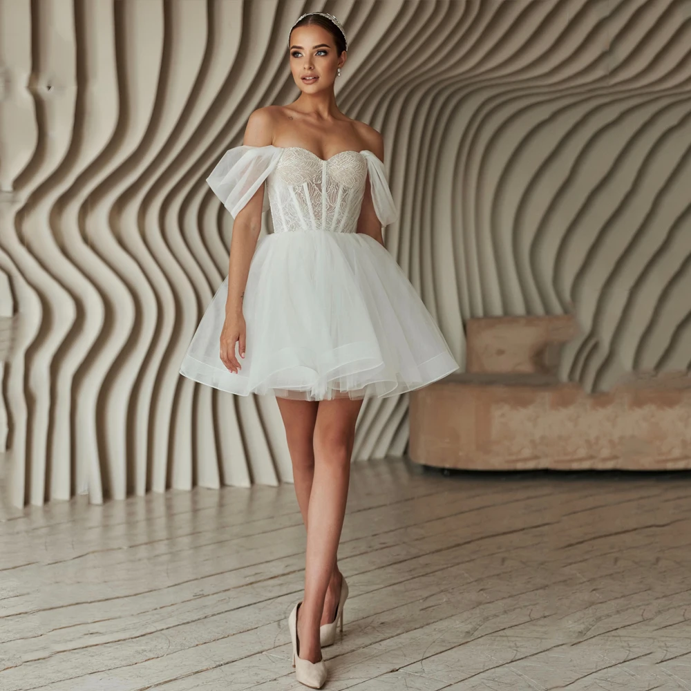 Lace Sweetheart A-Line Wedding Dresses Off Shoulder Backless Applique Tulle Short Bride Party Gowns Customized vestidos de novia