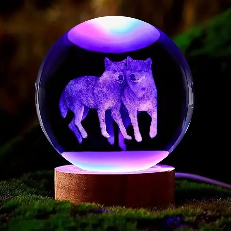 1pc 3D Wolf Crystal Ball wooden base nightlight, for girlfriend, wife, parents holiday gift, Christmas anniversary, glass ball,