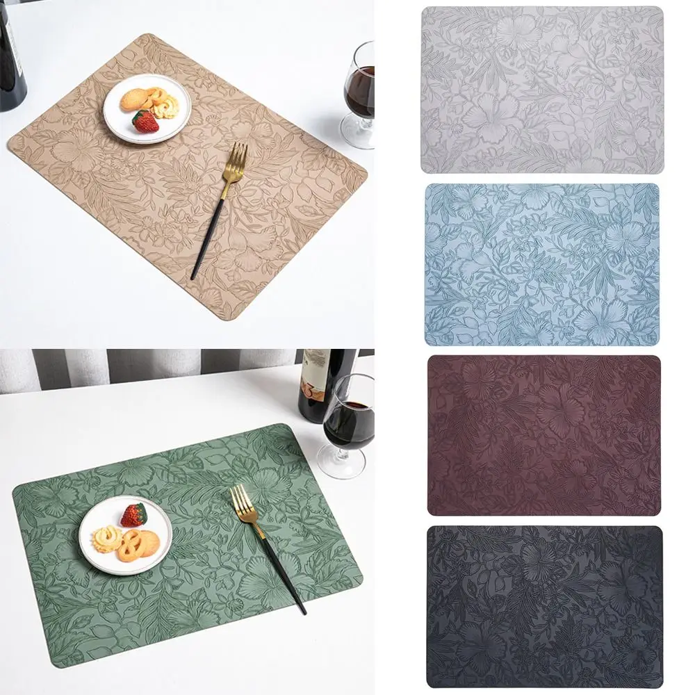 

New Rectangle Placemats Anti Slip 3D Flower Carved Dining Table Place Mats Oilproof PU Leather Coaster Household