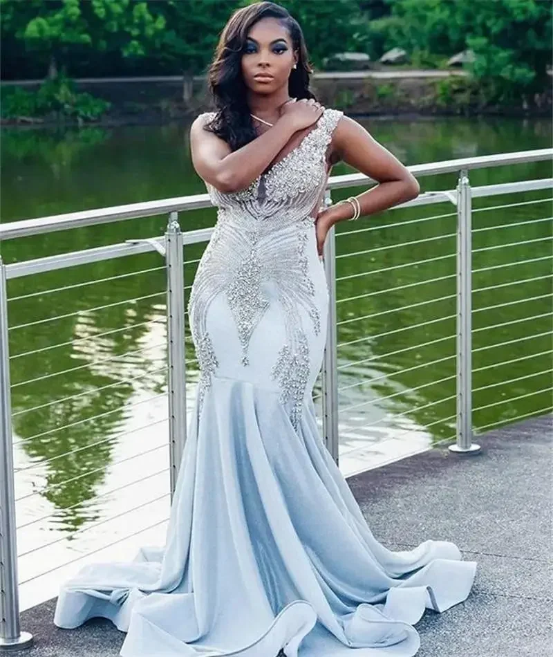 Customized Crystals Wedding Dresses 2024 Plus Size African V Neck Beading  Bridal Gowns Sexy Backless Satin Vestidos De Novia