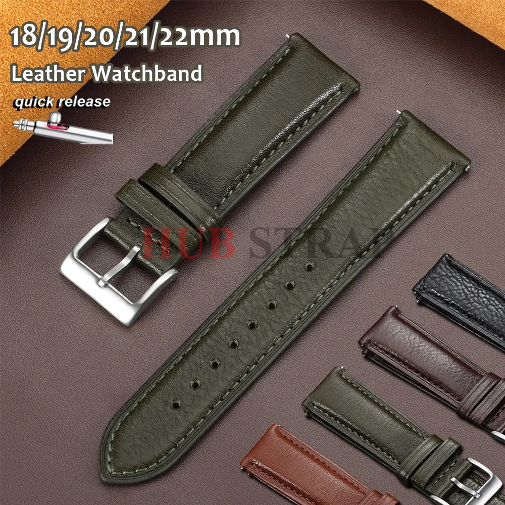New Genuine Leather Watch Strap 18mm 19mm 20mm 21mm 22mm Men Women Watch Band Universal Brown Green Cowhide Replacement Bracelet
