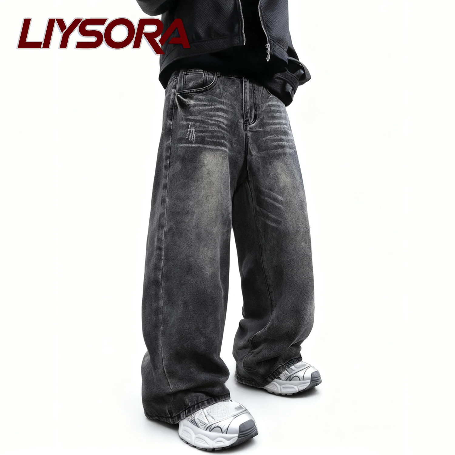 

Korean Men's Street Retro Black Gray Ultra Baggy Wide Leg Jeans American Classic Style Youth Student Unisex Loose Denim Pants