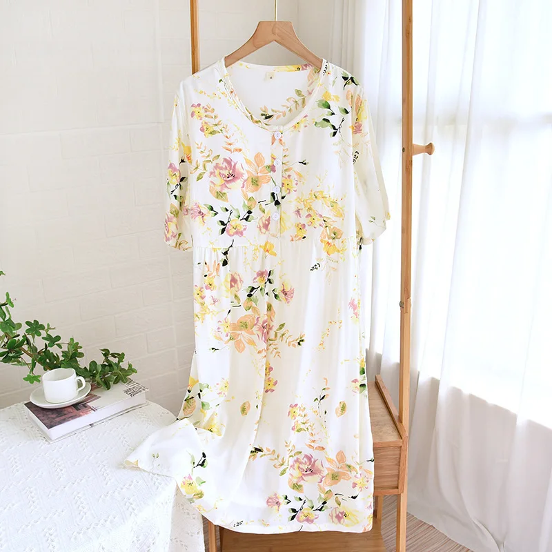 Spring/Summer Women\'s Skirt Short Sleeve With Chest Pad Flower Printing Nightdress 100% Viscose Long Nightgown Loose Home Dress