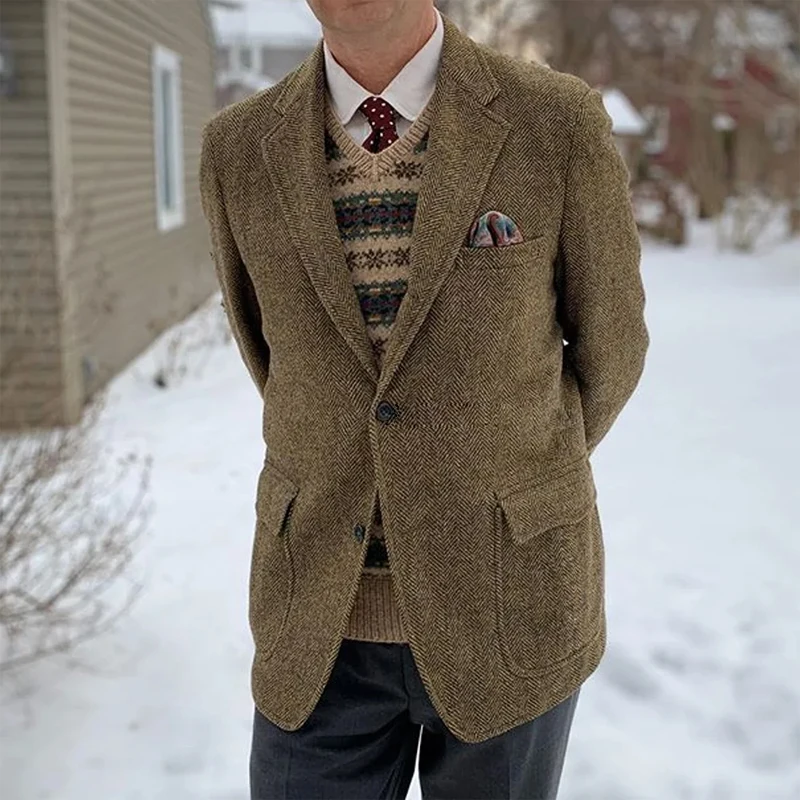 

Vintage Men's Herringbone Tweed Blazer British slim fit Outdoor Jacket wool blend Single Breasted Business Casual Coat