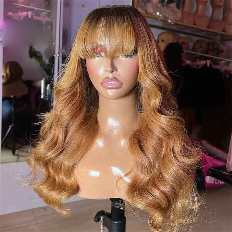 Perruque Body Wave avec Frange pour Femme, Haute Température, Cosplay, Sans Colle, Longue et Douce, Blonde Ombre, Marron, Densité 180, Machine, 26"