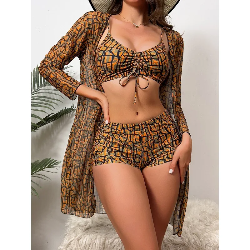2025 Summer Women 3-Piece Swim Set Long Sleeve Cover Up & High Waist Bikini Sexy Corset Holiday Bikini Set Shorts Set Beachwear