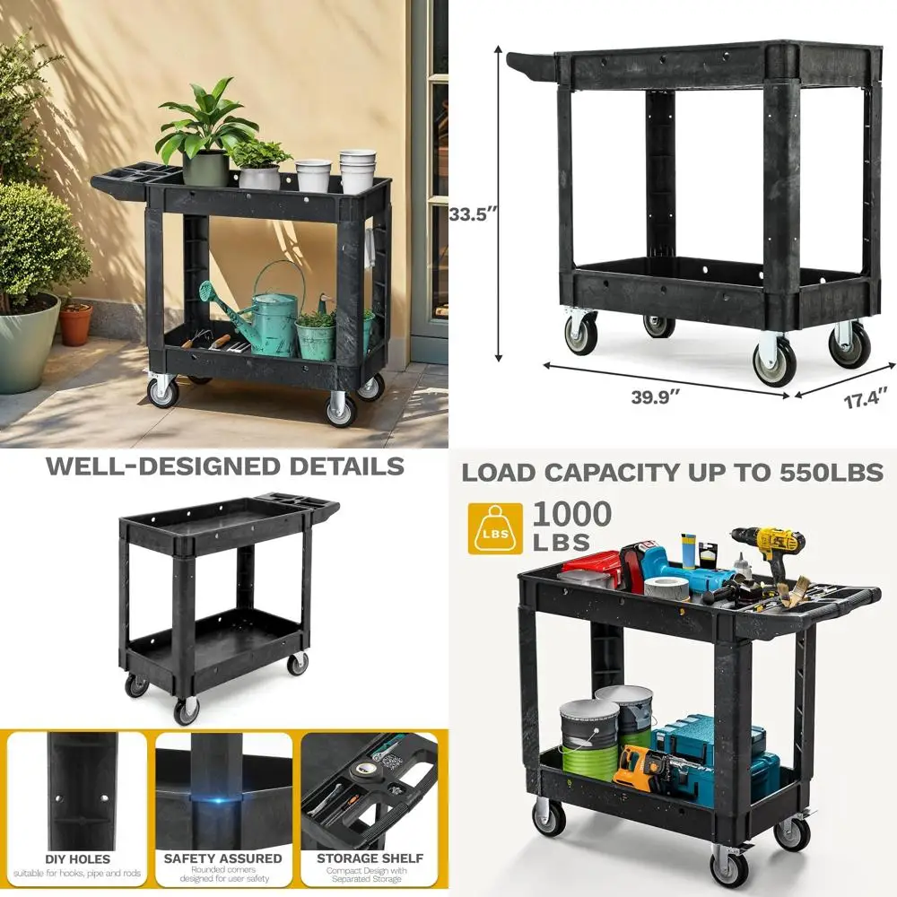 

Сверхмощная пластиковая универсальная тележка емкостью 1000 фунтов, идеально подходит для использования в склада, гараже, школе и офисе.