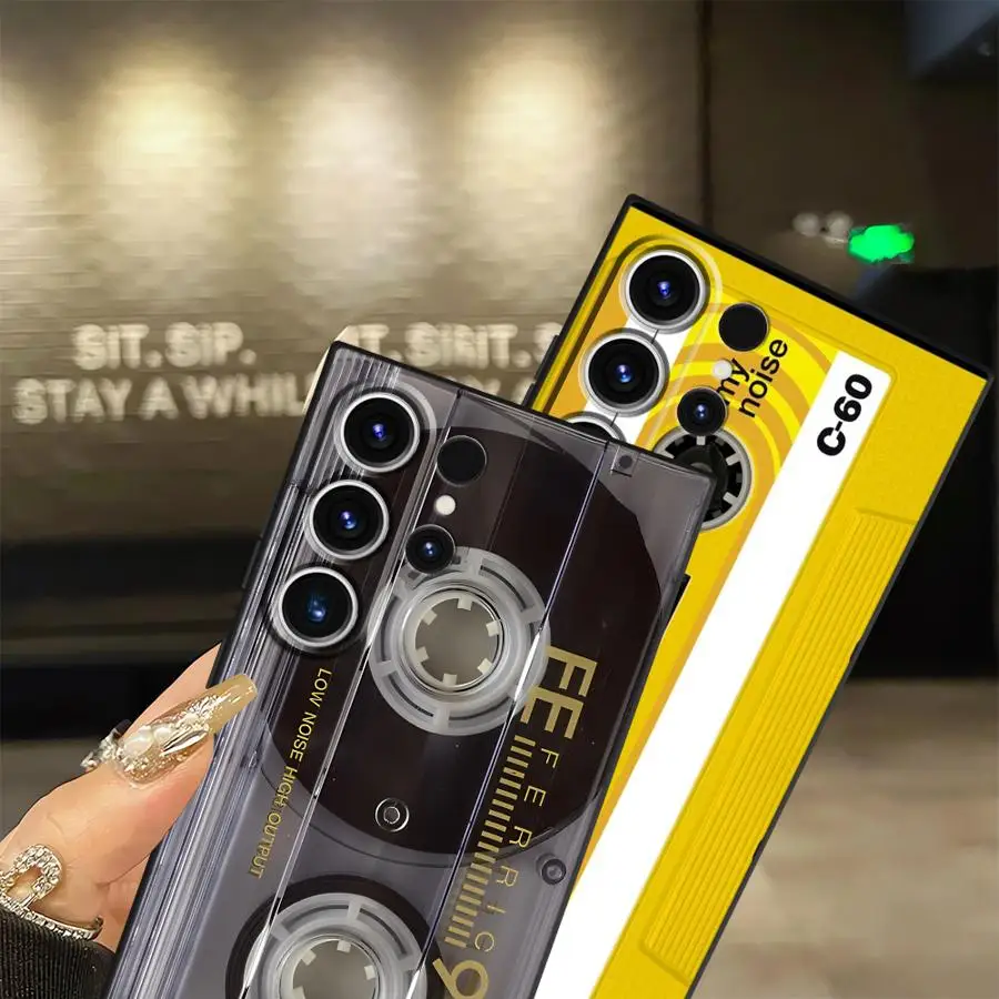 حافظة لهاتف سامسونج جالاكسي S21 FE S24 Plus S23 Ultra S20 S25 Edge غطاء هاتف ناعم أسود شريط كاسيت ريترو