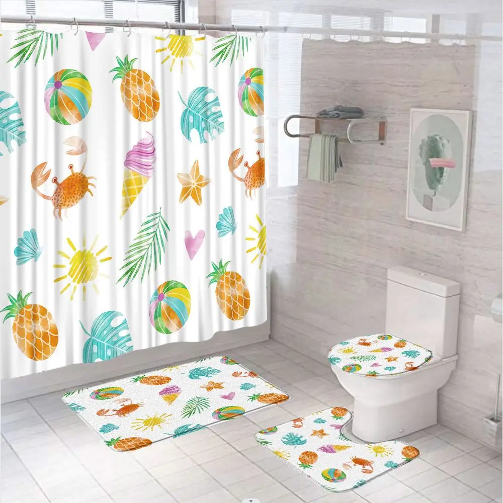 Watercolor Pineapple Tropical Plant Shower Curtain Set Summer Leaves Crab Bathroom Fabric Screen With Rugs Bath Mat Toilet Cover