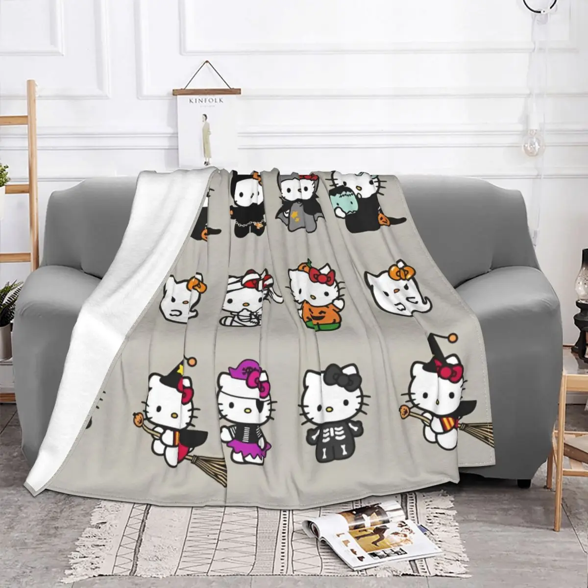 Official Hello Kitty Halloween Ghost Blankets Flannel Vintage Warm Throw Blankets for Bedspread Spring/Autumn