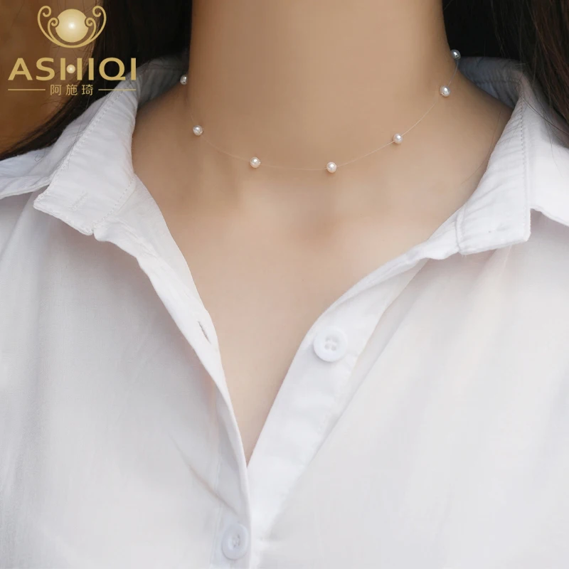 ASHIQI Natural Freshwater Pearl 925 Silver Choker Necklace for Fashion Women Minimalist Fine Jewelry Cute Accessories Gift