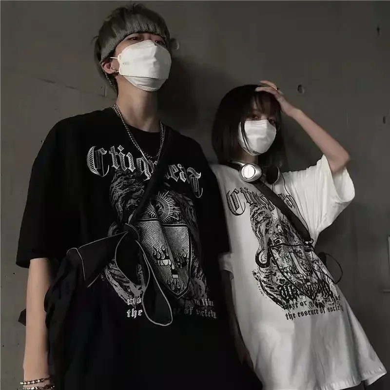 原宿-女性用y2kアニメプリントtシャツ,原宿トップ,レトロな韓国スタイル,黒のデーモンパンクゴシック服,特大グラフィック