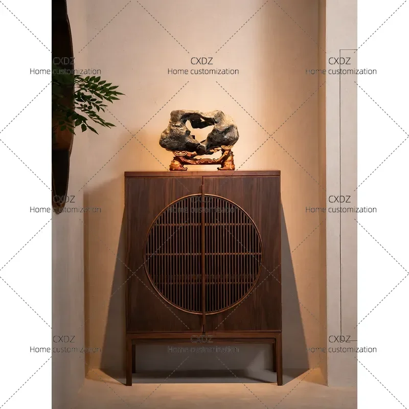 New Chinese Style Solid Wood Dining Side Cabinet Zen Entrance Storage Locker Black Walnut Furniture for Tea House Club Home