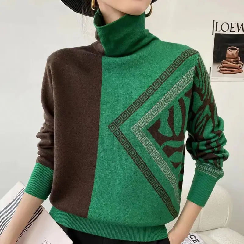 Female Clothing Vintage Geometric Patchwork Sweaters Fashion Houndstooth Autumn Winter Screw Thread Pile Collar Korean Jumpers