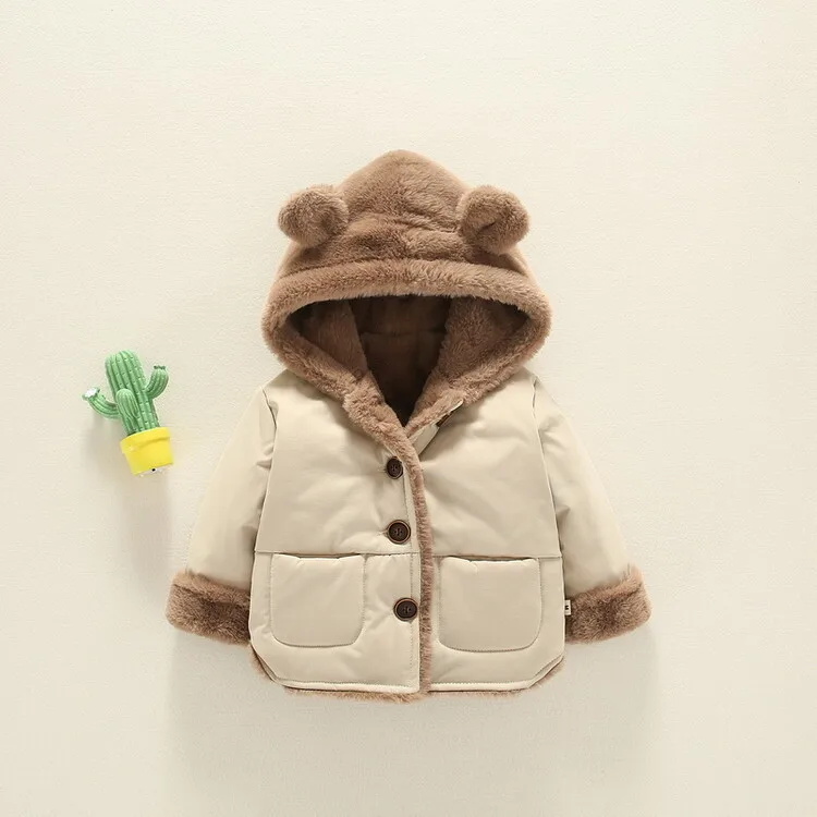 2-4Y Boys Beige Hooded Jacket Outerwear Plush Cartoon Bear Ear Winter Clothing Unisex Children's Clothing Cotton Clothing Daily