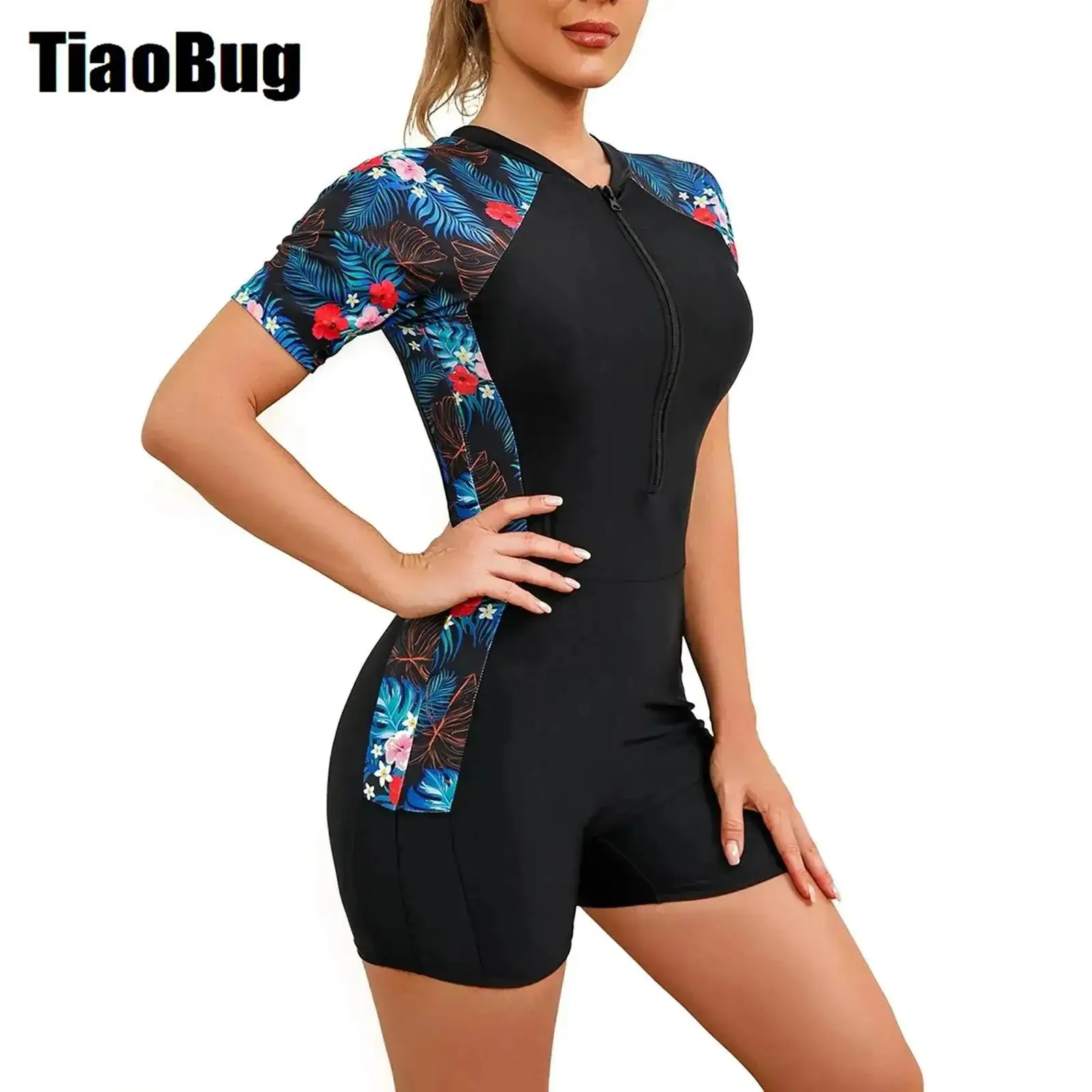 

Womens Floral Print One Piece Swimsuit Boyleg Short Sleeve Front Zip-up Rash Guard Bathing Suit for Surfing Diving