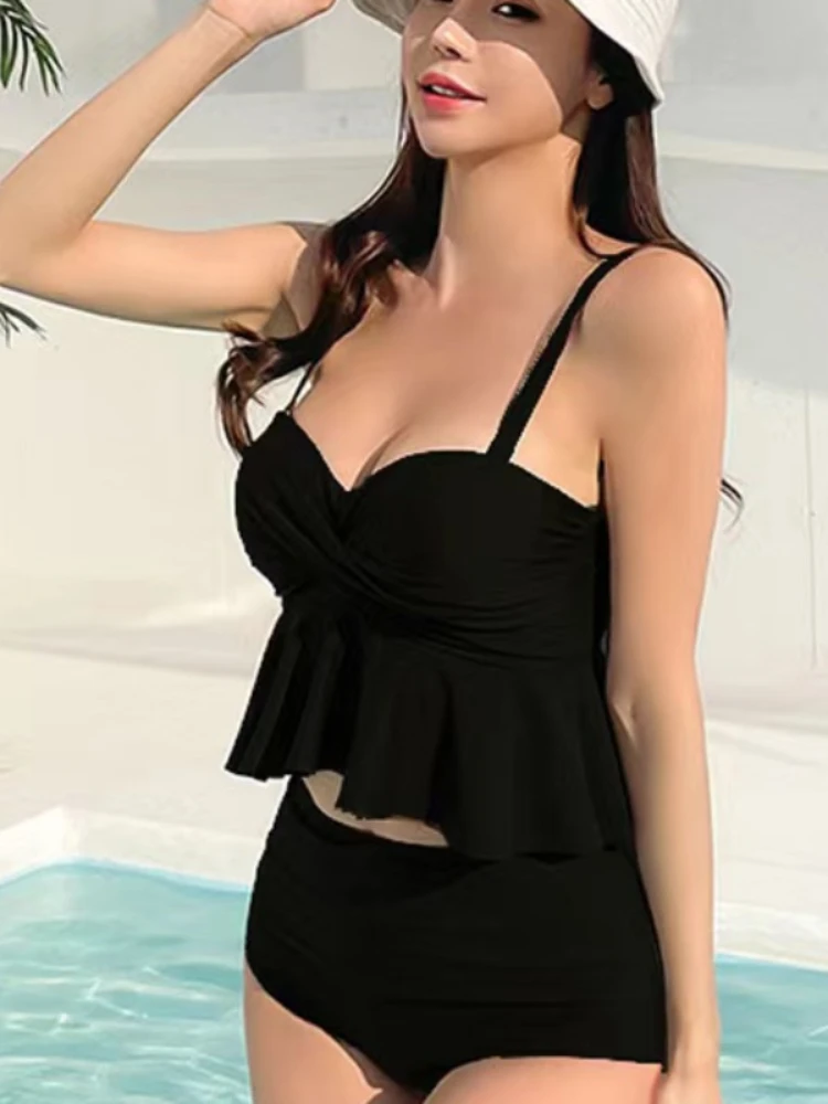 Sexy Bikini Swimsuit Women's High Waist Sleeveless Solid Backless Ruffle New 2024 Summer Latest Fashion One-piece Beach Swimwear