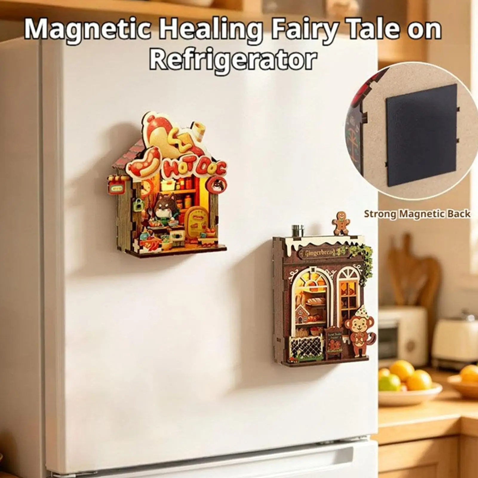 DIY Wooden Puzzle Fridge Magnet mini 3D wooden house refrigerator sticker Warm Strong Magnetic Decor with LED Light craft decor