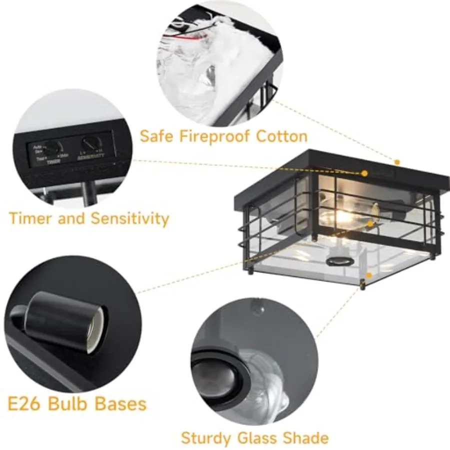 Outdoor Ceiling Light with Motion Sensor Flush Mount Farm House Porch Light Ceiling Mount Adjustable 3 Modes Squares for Patio, view 5