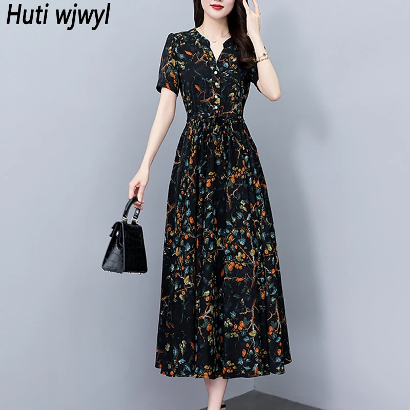Quality Floral Chiffon Casual Dress Women Bodycon Vintage Elegant Party Long Dress 2025 Summer New Chic Prom Luxury Midi Vestido