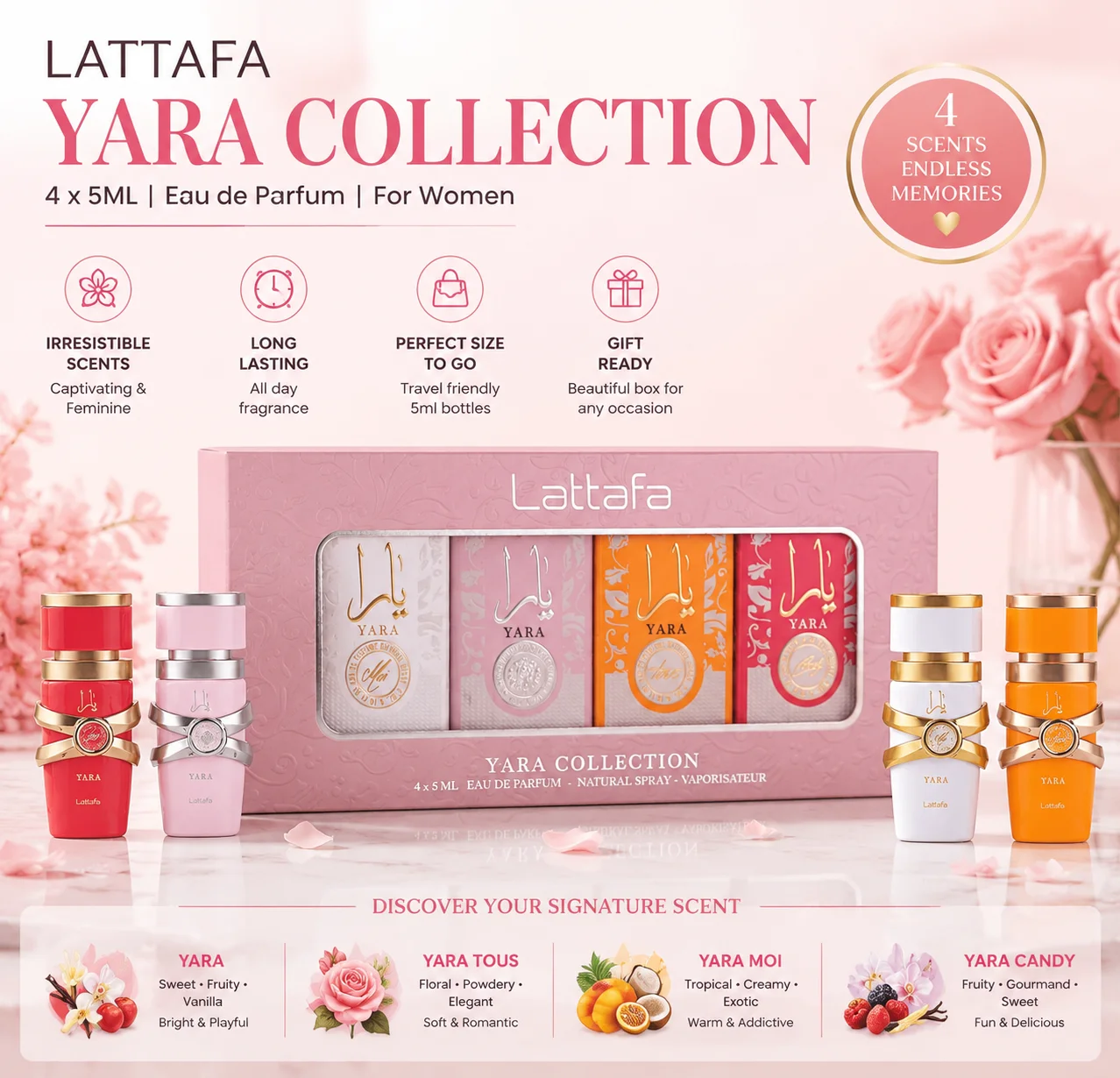 

Yara Collection Mini Perfume Set 4x5ml - Long Lasting EDP Fragrance Travel Size - Sweet Floral Vanilla Scent Gift For Women