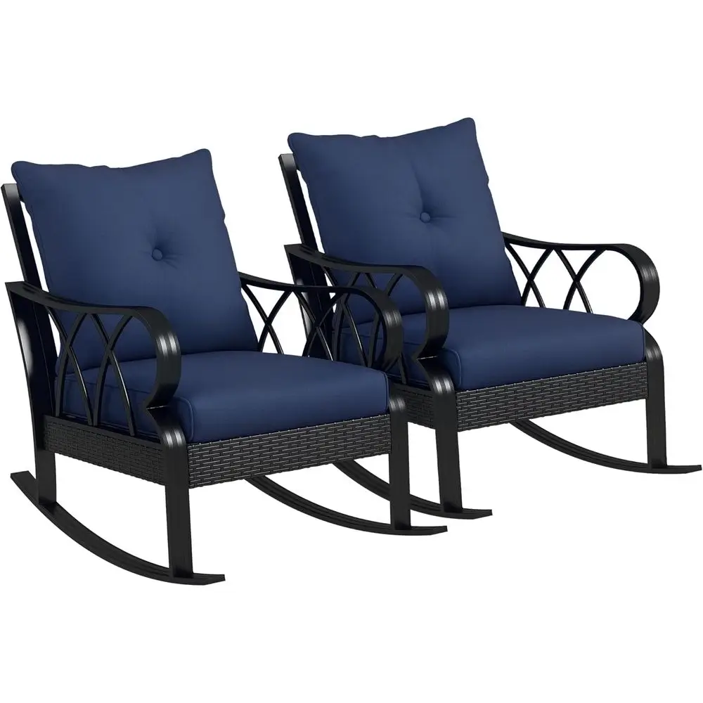 

Blue Outdoor Wicker Rocking Chairs with Cushions for Patio, Garden, and Backyard