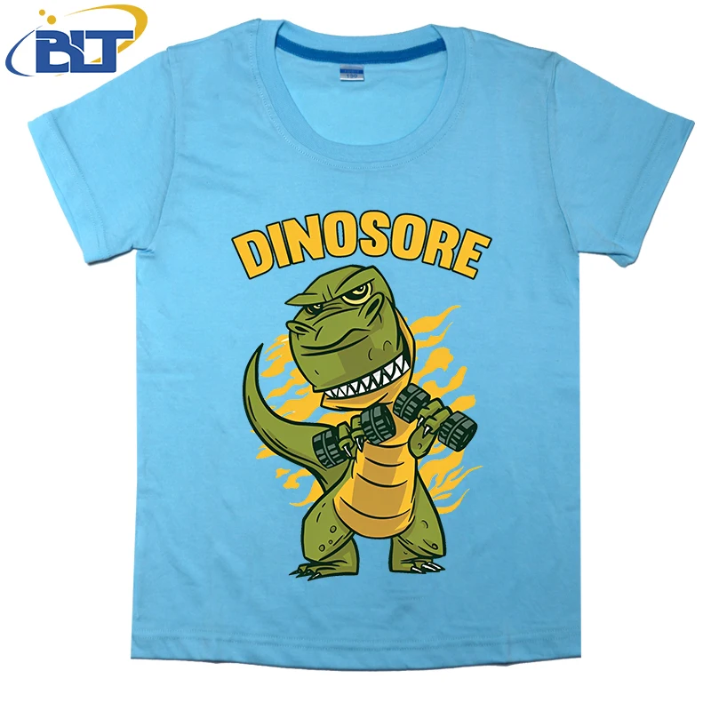 Dinossauro impresso de manga curta t-shirt, algodão puro, top casual, adequado para meninos e meninas