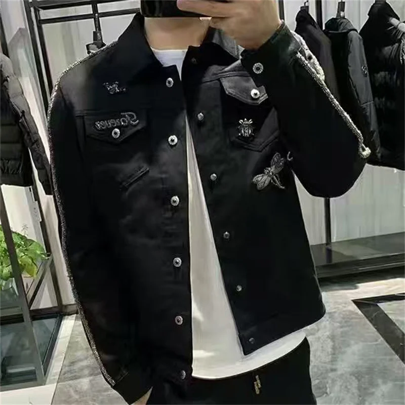 

New Embroidery Bee Men Vintage Jacket Men Coat Streetwear Nail Bead Decoration Male Badge Jackets Red Mens Jackets Coats