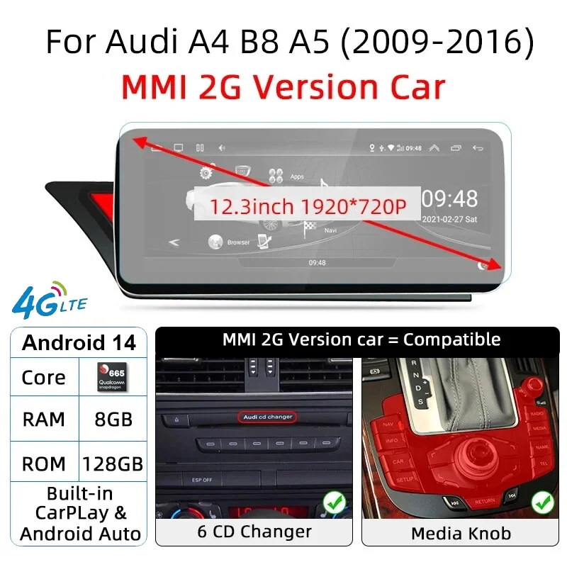 Android 14 Auto Radio CarPlay voor Audi A4 B8 A5 2008 2009 2010 MMI 2G High CD Changer Autostereo Multimedia Speler GPS Navigatie WiFi