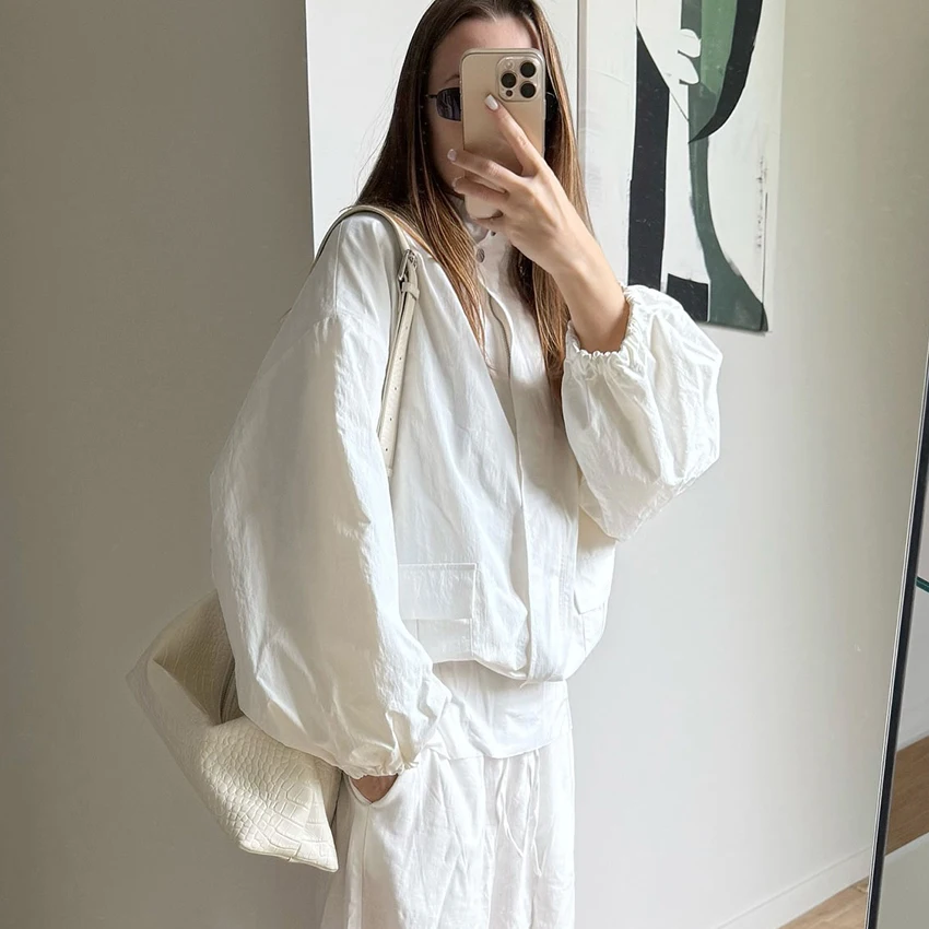 

Linad Street Chic White Zipper Hooded Sweatshirt Autumn Elegant Long Sleeve Coats Woman Casual Stand Collar Outerwear Tops 2025