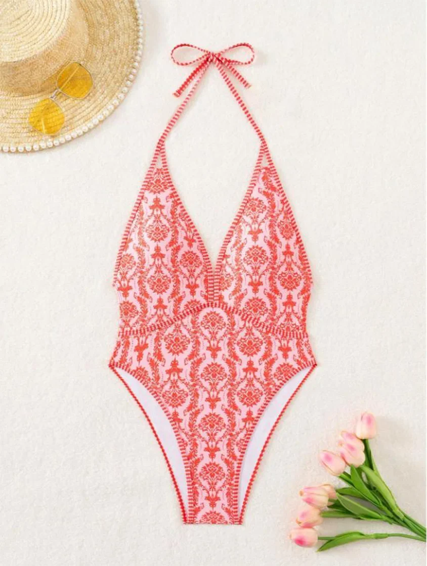 Frauen Sexy Luxus Heißer Frühling Bikini Tiefem V-ausschnitt Rosa Body Sommer Urlaub frauen Sexy Gedruckt Halter Zwei-stück Bademode Neue